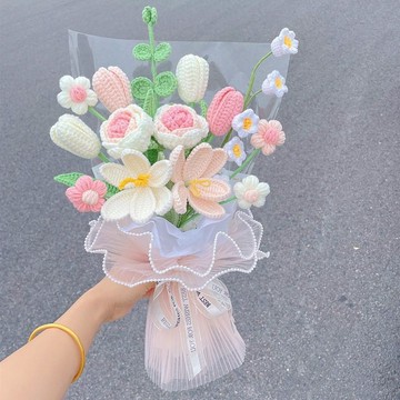 懶貓🌷 鈴蘭鬱金香玫瑰花束diy手作編織毛線材料包成品送閨蜜女友禮物 手作花束 交換禮物