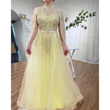 【女神婚紗禮服】 高端輕奢閃耀銀河立領長飄袖宴會晚禮服LA70066B金絲黃