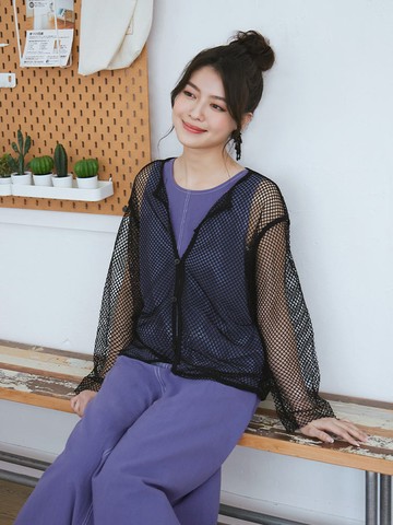 日系鏤空網格洞洞寬鬆排釦罩衫上衣