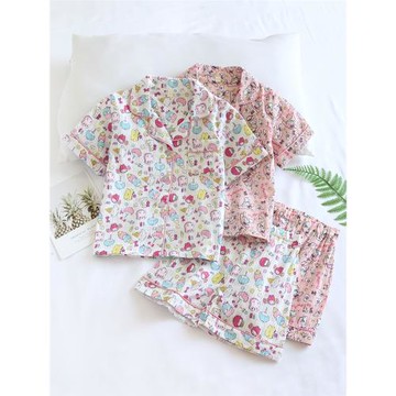 日式兒童春夏薄純棉紗布短袖睡衣男女童可愛卡通印花寶寶家居服