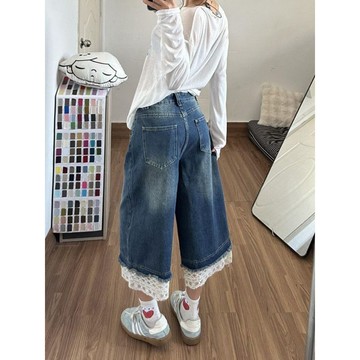 【美式復古 設計感 蕾絲拼接 七分牛仔褲 女 直筒 寬鬆 修身 顯身材 休閒褲 牛仔褲女 七分褲 蕾絲褲 復古褲 寬鬆褲