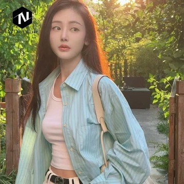 【Nico】韓版新款薄荷綠小清新條紋襯衫寬鬆百搭上衣防曬減齡開衫薄款外套