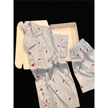 網紅甜美少女凱蒂貓印花冰絲睡衣女夏季2024新款親膚家居服套裝夏