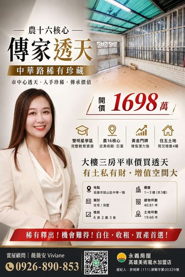 專員!農16核心傳家透天/中華路稀有珍藏｜高雄市鼓山區中華一路