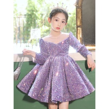 長袖兒童禮服主持人十歲女孩生日party公主裙童模走秀鋼琴演出服