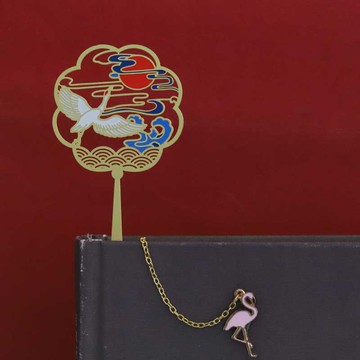 萬疆紅日仙鶴書簽古典中國風團扇吊墜流蘇書簽送老師學生企業教育定制禮品展會創意禮品