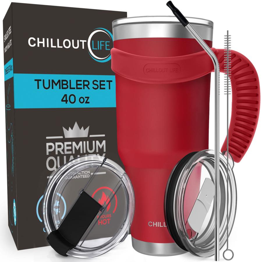 CHILLOUT LIFE Stainless Steel Travel Mug with Handle oz Piece Set. Tumbler Handle, Straw, Cleaning Brush 2...