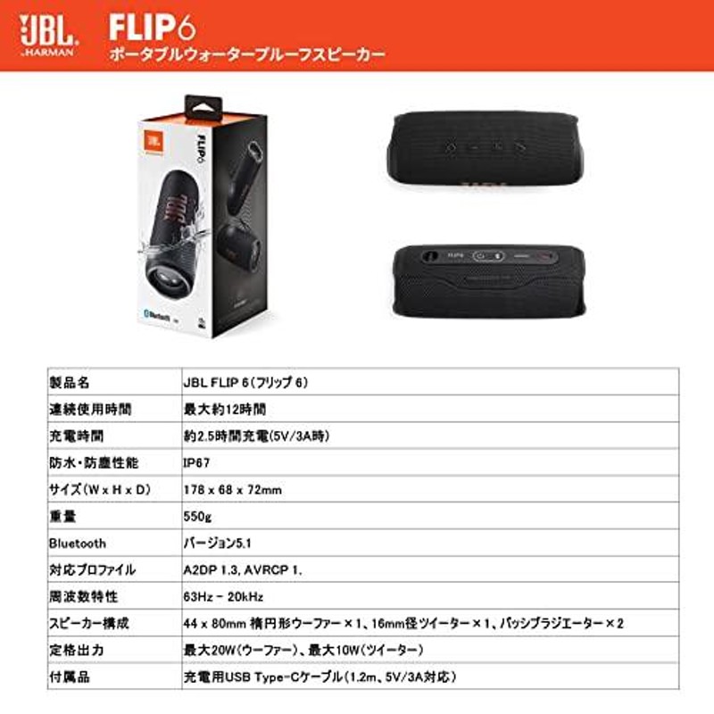 JBL FLIP6 Bluetoothスピーカー 2ウェイ・スピーカー構成/USB C