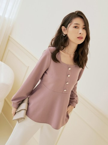 小Ｖ臉．方領排釦拼接傘襬雪紡上衣