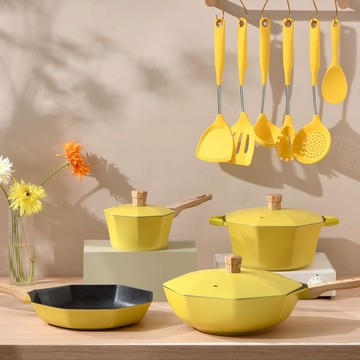 【八角維京】喬遷禮-新居入厝 奈米銀抗菌加工 不沾鍋 18cm奶鍋 30cm炒鍋-檸檬黃(贈原廠抗菌鋁蓋)