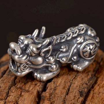 S925銀泰銀貔貅通孔diy手工飾品配件手串手工材料背上有7個錢幣