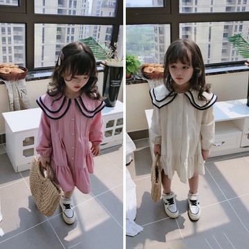 春秋季新款 女童氣質舒適裙子 中小童個性洋氣雙層翻領連衣裙1入