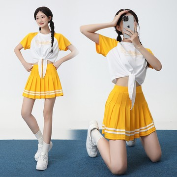 【桃喜Rich女裝】韓系啦啦服套裝 黃色啦啦隊服裝 比賽服 團體啦啦操舞蹈服 學生運動會演出服 舞臺服 黃色百褶A字裙