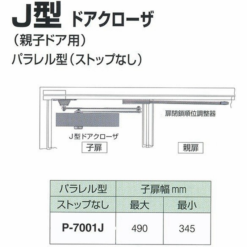 日本ドアチェック製造 ニュースター J型ドアクローザ パラレル型 ストップなし P 7001j 親子扉用 子扉幅 最大490mm 最小345mm 通販 Lineポイント最大0 5 Get Lineショッピング