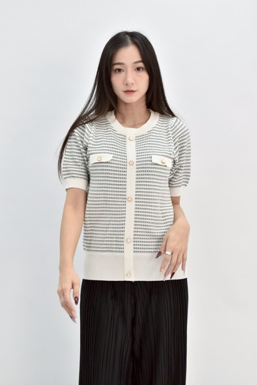 (S) 小香風假排扣白色短袖上衣