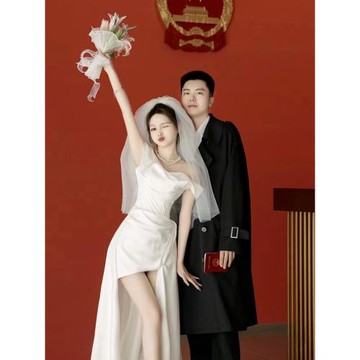 一字肩法式輕婚紗緞面高級感魚尾出門紗小個子領證小白裙訂婚禮服