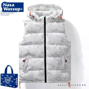 NASA潮牌泰迪熊馬甲外套連帽棉服oversize中性寬松保暖潮無袖
