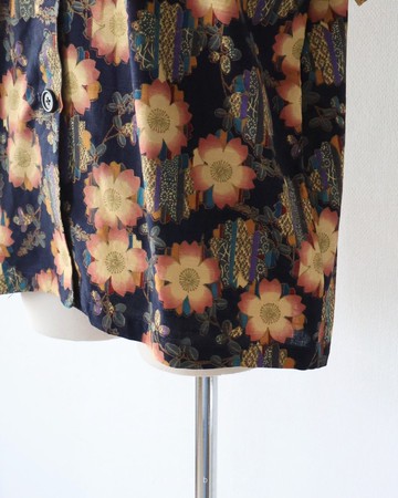 日系復古印花寬鬆深藍色挺版棉古著襯衫