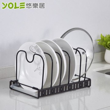 YOLE悠樂居-日式鐵藝廚房可調式碗盤鍋蓋瀝水架2入