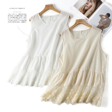 凜美日系純棉秋季打底疊穿背心寬松休閑百搭微透甜美蕾絲下擺上衣