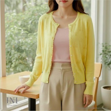 【INI】隨時穿搭、櫻桃織紋針織外套上衣．黃色