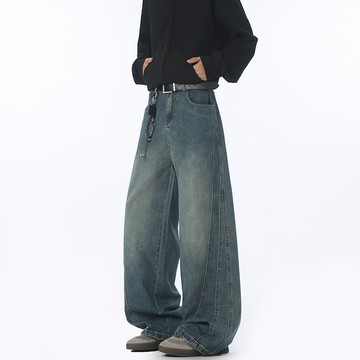 【HOT 本舖】男装男士褲子秋季潮牌寬鬆水洗復古牛仔褲男美式高街vibe彎刀長褲