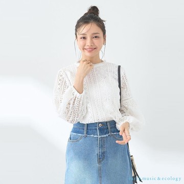 earth music   鏤空花朵蕾絲設計長袖上衣