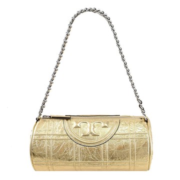 TORY BURCH 152478 Fleming 立體LOGO絎縫單肩穿鏈圓筒包.金