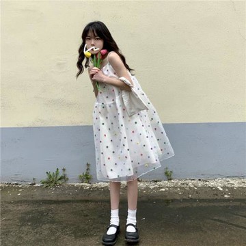 夏季2025新款甜美日系清新網紗吊帶裙女超仙學生顯瘦小個子連衣裙