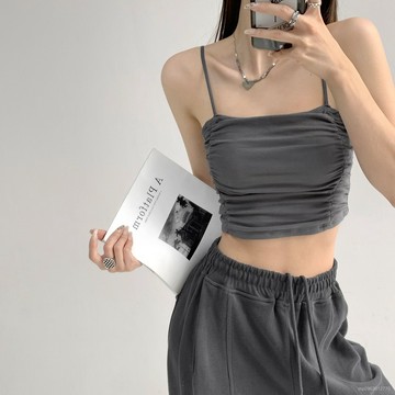 BA【限時特賣】背心女 吊帶背心 女生背心 辣妹背心 小可愛 純慾風褶皺小吊帶背心女夏季短款辣妹露背修身露臍純色打底上衣