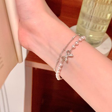 免運🔥雙層蝴蝶結珍珠疊戴手串輕奢小衆精緻手鍊學生高顏值七夕禮物銀飾 手鍊 可調整手鍊 招財手鍊 轉運手鍊  手鏈 手環
