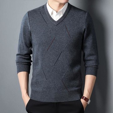 2024秋冬新款V領羊毛衫男加厚雞心領毛衣爸爸裝提花V領針織打底衫