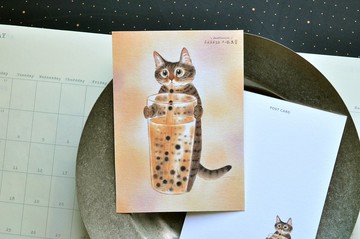 貓咪插畫明信片-虎斑珍珠奶茶