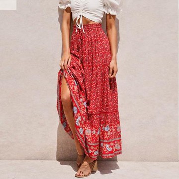 波西米亞度假民族風印花鏤空系帶松緊大擺a字長裙棉綢沙灘半身裙