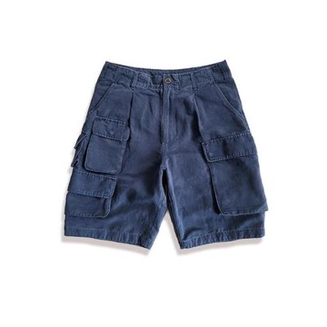 西里布夏季漢麻工裝風短褲多袋藍色復古中腰日系復古咔嘰休閑水洗