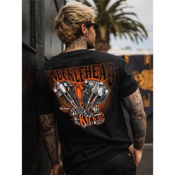 機車潮牌摩托發動機復古機械零件印花黑色純棉重磅加厚短袖T恤男