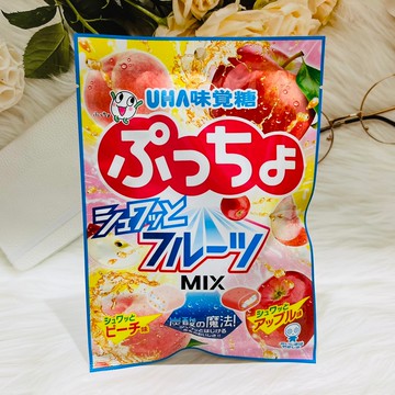 日本 UHA味覺糖 噗啾 綜合風味軟糖 夾心軟糖 60g 白桃/蘋果