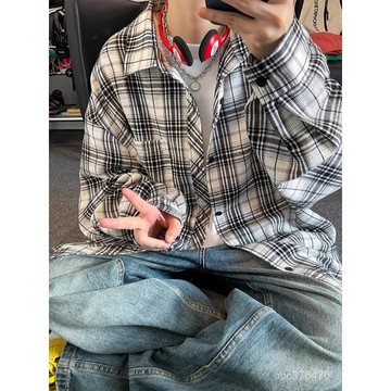 黑白格子長袖襯衫男秋季潮牌美式復古寬鬆高級感襯衣情侶休閒外套