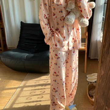 可愛小熊睡衣女春秋長袖長褲ins日係卡通學生居家服套裝外穿女生長袖睡衣 女生居家休閒家居服 女生可愛睡衣套裝