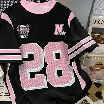 本土出貨  大碼球衣 美式數字球衣 冰球服 美式夏季復古數字短袖寬鬆運動男女拼接嘻哈球衣休閒速幹籃球T恤Q R