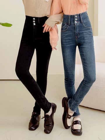 S小腰精．彈力高腰排釦不收邊窄管長褲