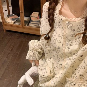 可可裡👛睡衣 家居服 ins風新款 睡衣 女 秋冬季 卡通兔子 蕾絲花邊 甜美少女 長袖 家居服 套裝