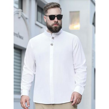 百勝狐大碼男裝襯衫方領純色商務紳士加大加肥寬松胖子休閑襯衣男