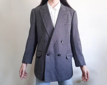 1997 年 LANVIN 復古灰色人字紋羊毛雙排扣西裝外套 日本製造 S