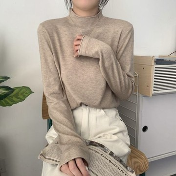 半高領卷邊黑色打底衫 女秋季新款百搭長袖內搭針織衫春秋上衣 長袖上衣 打底衫 女裝 內搭 針織 毛衣 秋冬上衣