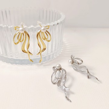 1KM純真浪漫•蝴蝶結線條珍珠耳環-2色