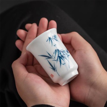純手繪青花茶杯單杯聚香杯聞香杯白瓷主人杯陶瓷功夫茶具茶盞杯墊