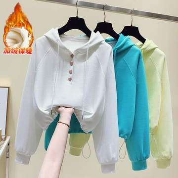 春秋連帽衛衣女加絨韓版休閑下擺抽繩短款寬松外套小個子上衣ins