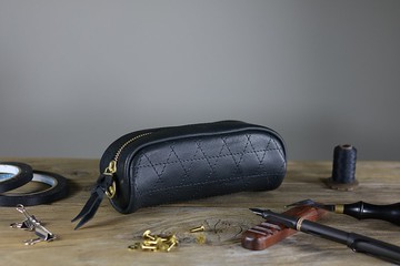 黑澀植鞣牛革筆袋/收納袋-六芒星紋