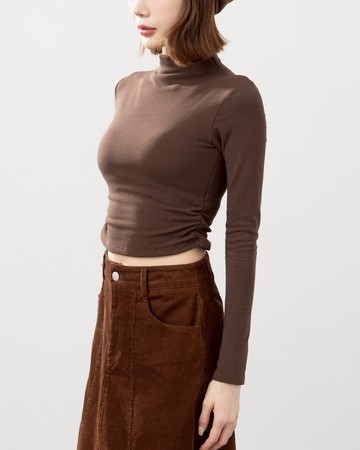 側抽皺磨毛高領附Bra長袖上衣 三色售